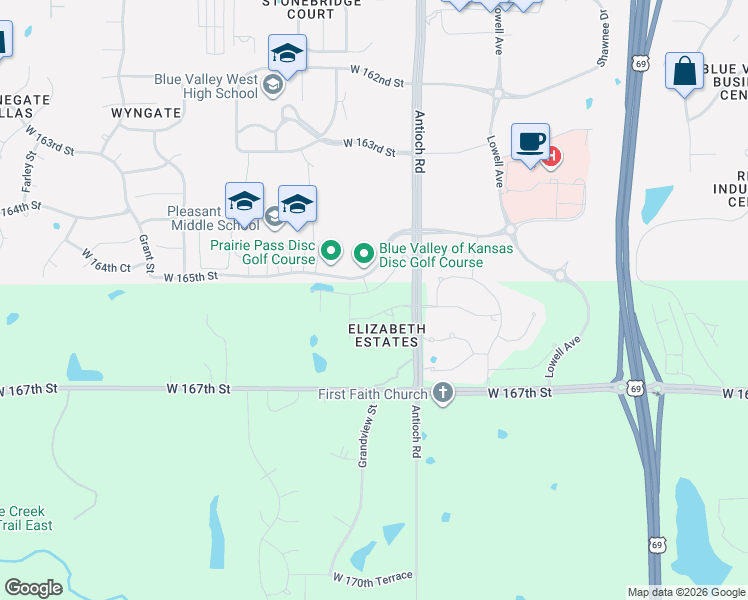 map of restaurants, bars, coffee shops, grocery stores, and more near 8815 165th Terrace in Overland Park