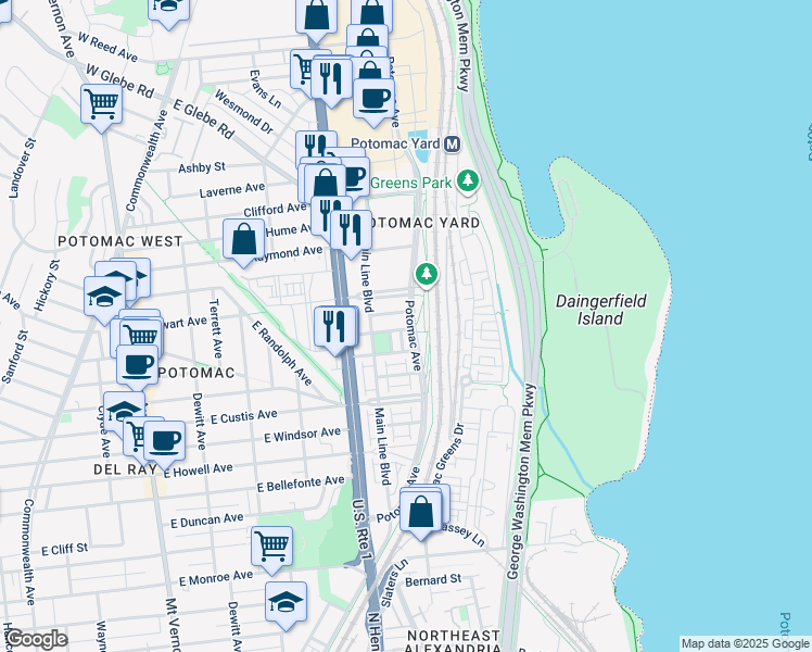 map of restaurants, bars, coffee shops, grocery stores, and more near 738 Bluemont Avenue in Alexandria