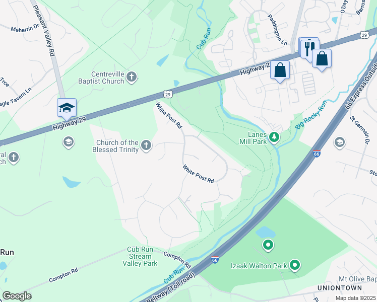 map of restaurants, bars, coffee shops, grocery stores, and more near 14986 Gold Post Court in Centreville