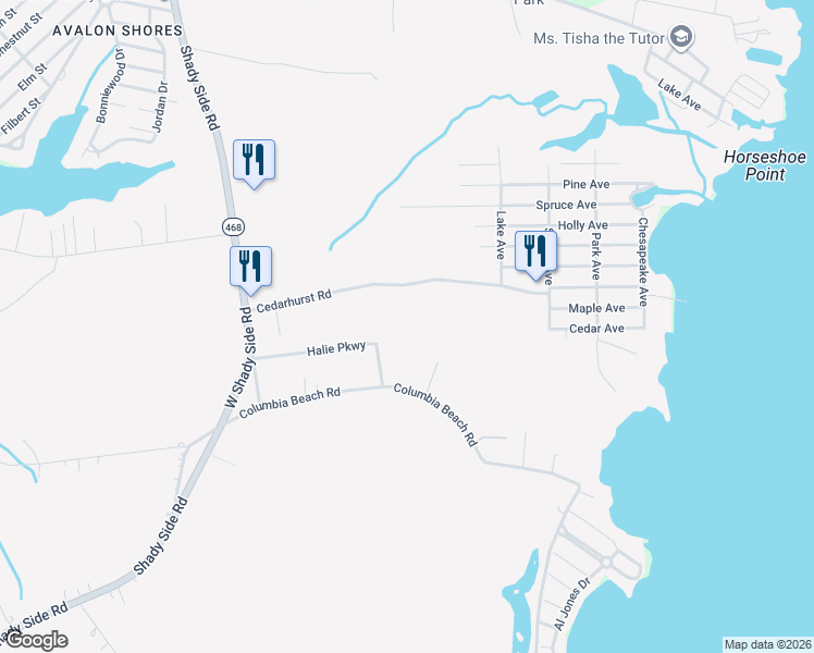 map of restaurants, bars, coffee shops, grocery stores, and more near 1469 Cedarhurst Road in Shady Side
