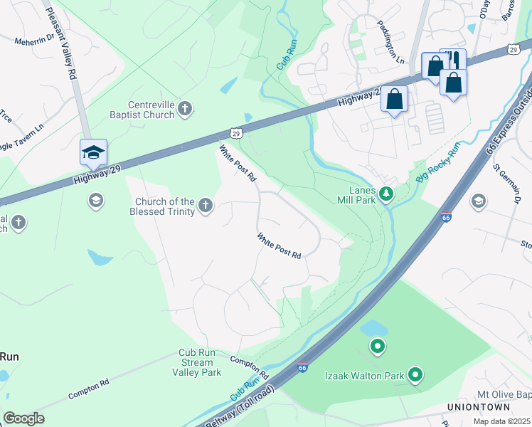 map of restaurants, bars, coffee shops, grocery stores, and more near 14986 Gold Post Court in Centreville