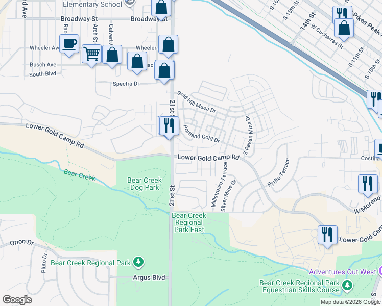 map of restaurants, bars, coffee shops, grocery stores, and more near 414 Eclipse Drive in Colorado Springs