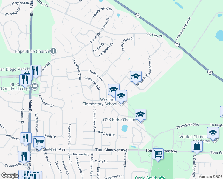 map of restaurants, bars, coffee shops, grocery stores, and more near 656 Homerun Drive in O'Fallon