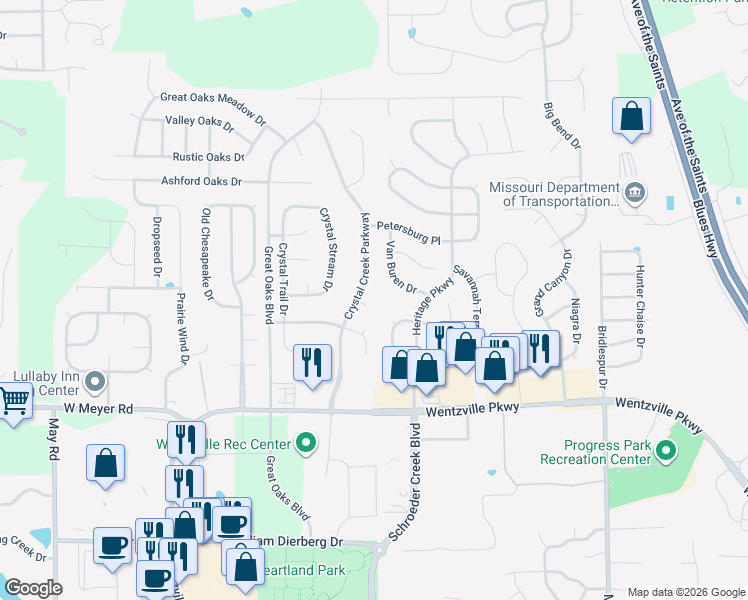map of restaurants, bars, coffee shops, grocery stores, and more near 15 Crystal Forest Court in Wentzville