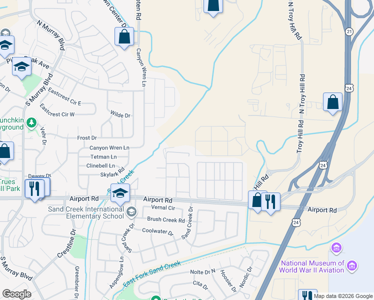 map of restaurants, bars, coffee shops, grocery stores, and more near 204 Karr Road in Colorado Springs