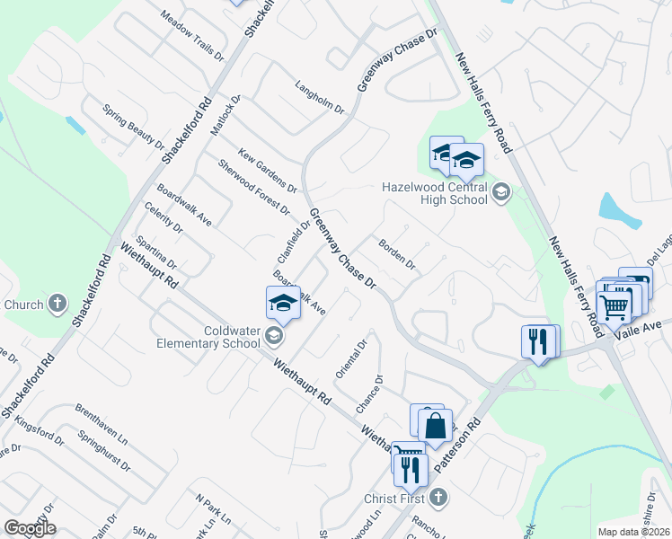 map of restaurants, bars, coffee shops, grocery stores, and more near 2980 Atlantic Park Avenue in Florissant