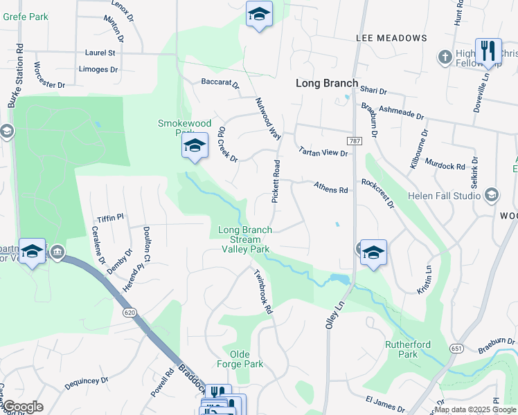 map of restaurants, bars, coffee shops, grocery stores, and more near 4411 Westfield Drive in Fairfax