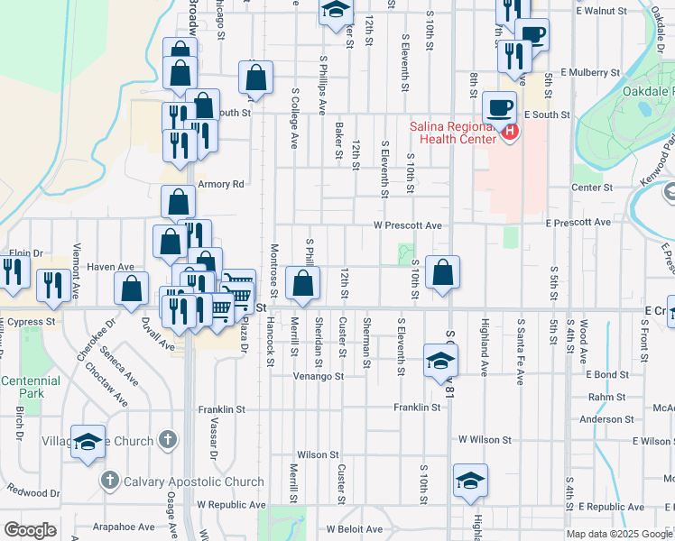 map of restaurants, bars, coffee shops, grocery stores, and more near 640 South 12th Street in Salina