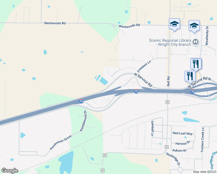 map of restaurants, bars, coffee shops, grocery stores, and more near 887 North Service Road in Wright City