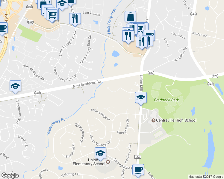 map of restaurants, bars, coffee shops, grocery stores, and more near 13658 Wildflower Lane in Clifton