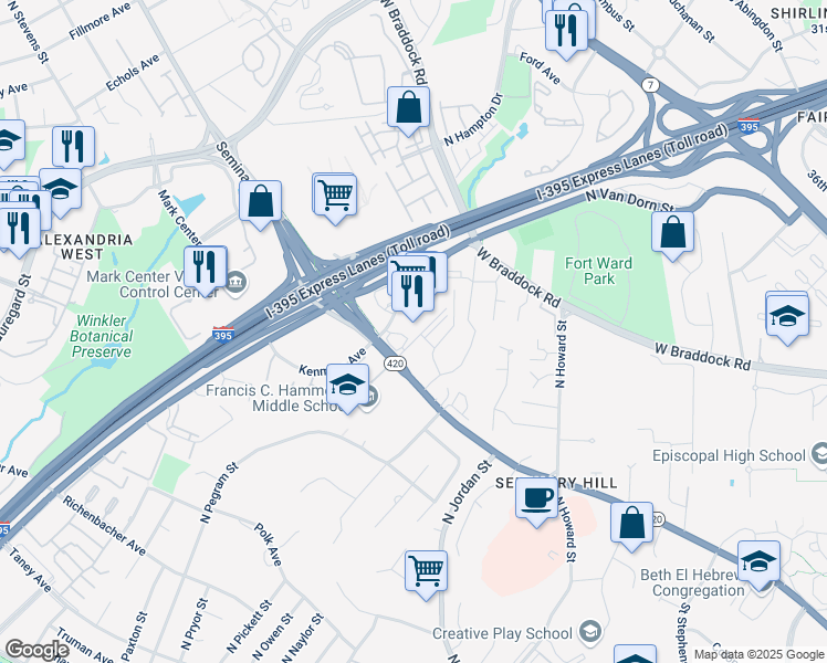 map of restaurants, bars, coffee shops, grocery stores, and more near 4616 Kenmore Avenue in Alexandria