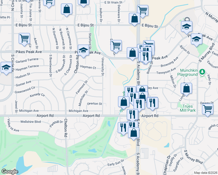 map of restaurants, bars, coffee shops, grocery stores, and more near 13 Audubon Drive in Colorado Springs