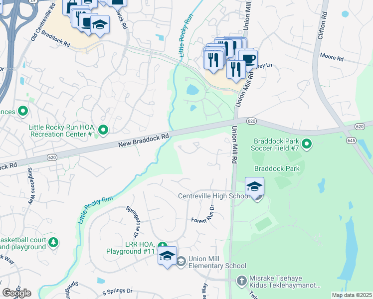 map of restaurants, bars, coffee shops, grocery stores, and more near 13658 Wildflower Lane in Clifton