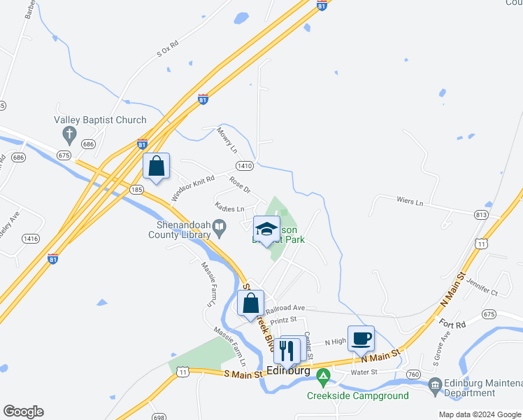 map of restaurants, bars, coffee shops, grocery stores, and more near 100 Park Road in Edinburg