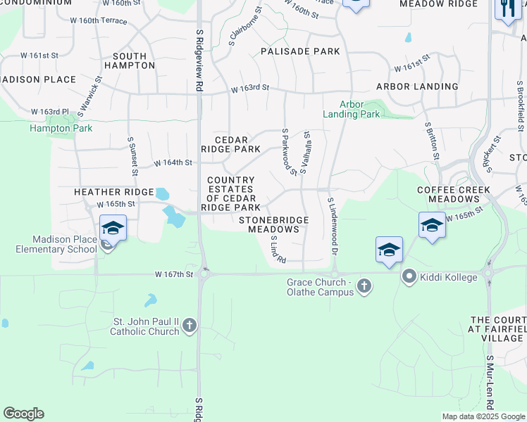 map of restaurants, bars, coffee shops, grocery stores, and more near 16491 South Lawson Street in Olathe