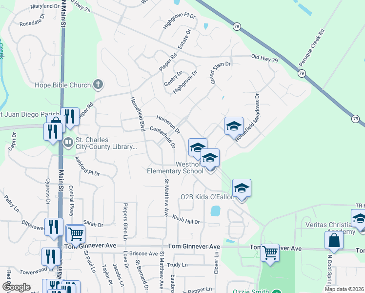 map of restaurants, bars, coffee shops, grocery stores, and more near 656 Homerun Drive in O'Fallon