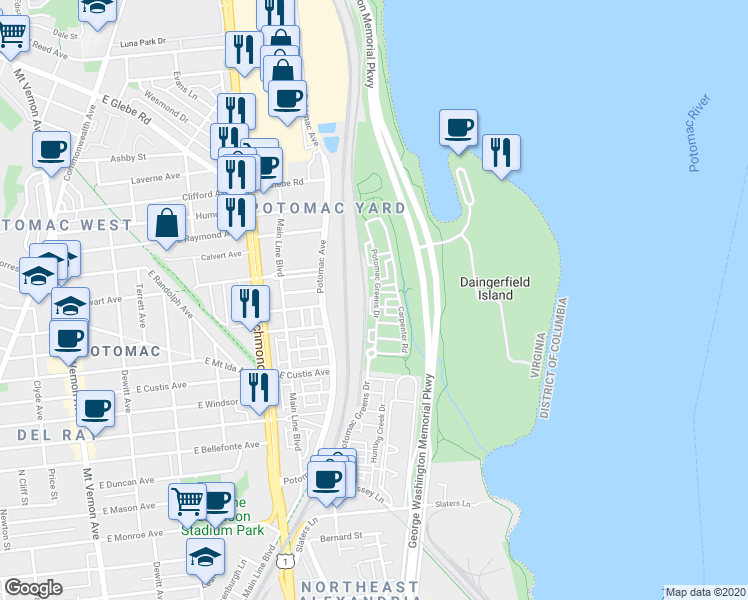 map of restaurants, bars, coffee shops, grocery stores, and more near 1770 Potomac Greens Drive in Alexandria