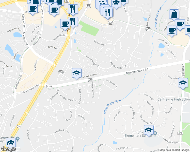 map of restaurants, bars, coffee shops, grocery stores, and more near 13944 New Braddock Road in Centreville