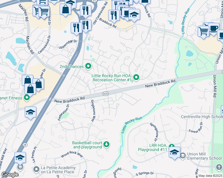 map of restaurants, bars, coffee shops, grocery stores, and more near 13944 New Braddock Road in Centreville