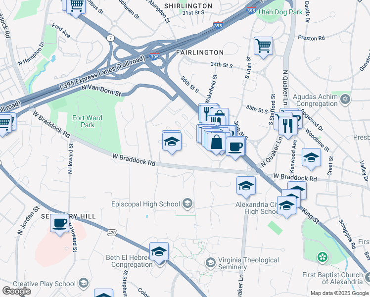 map of restaurants, bars, coffee shops, grocery stores, and more near 3750 Keller Avenue in Alexandria