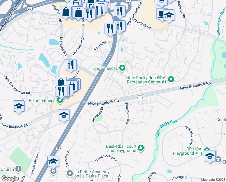map of restaurants, bars, coffee shops, grocery stores, and more near 14005C Franklin Fox Drive in Centreville