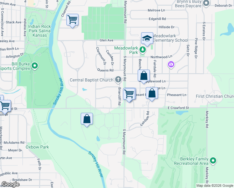 map of restaurants, bars, coffee shops, grocery stores, and more near 637 Briarcliff Road in Salina