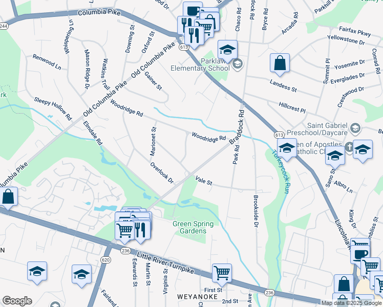 map of restaurants, bars, coffee shops, grocery stores, and more near 4317 Woodway Street in Alexandria