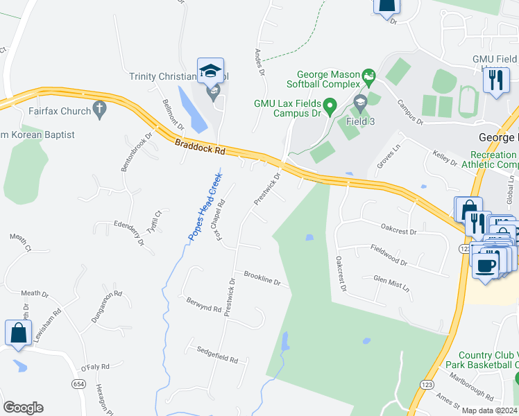 map of restaurants, bars, coffee shops, grocery stores, and more near 4823 Prestwick Drive in Fairfax