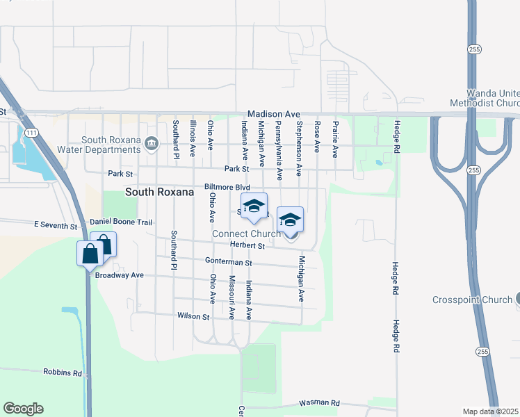 map of restaurants, bars, coffee shops, grocery stores, and more near 413 Michigan Avenue in South Roxana