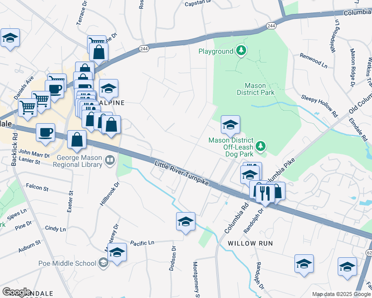 map of restaurants, bars, coffee shops, grocery stores, and more near 6801 Alpine Drive in Annandale