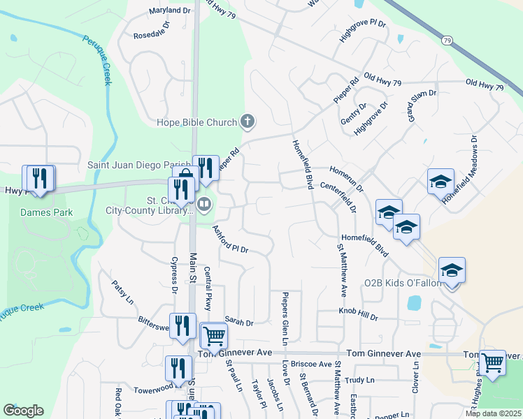 map of restaurants, bars, coffee shops, grocery stores, and more near 5 Rose Wind Court in O'Fallon