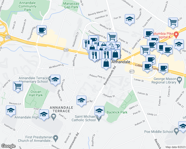 map of restaurants, bars, coffee shops, grocery stores, and more near 7434 Adams Park Court in Annandale