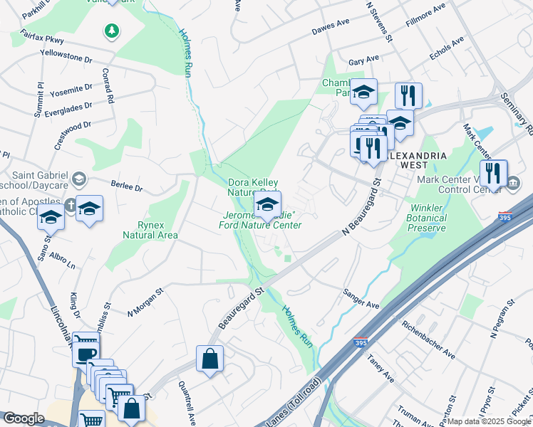 map of restaurants, bars, coffee shops, grocery stores, and more near 5802 Sanger Avenue in Alexandria