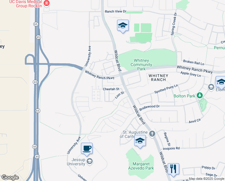 map of restaurants, bars, coffee shops, grocery stores, and more near 1416 Cheetah Street in Rocklin