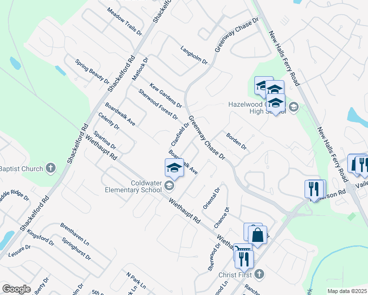 map of restaurants, bars, coffee shops, grocery stores, and more near 2931 Atlantic Park Avenue in Florissant