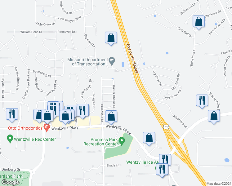 map of restaurants, bars, coffee shops, grocery stores, and more near 796 Hunter Chaise Drive in Wentzville