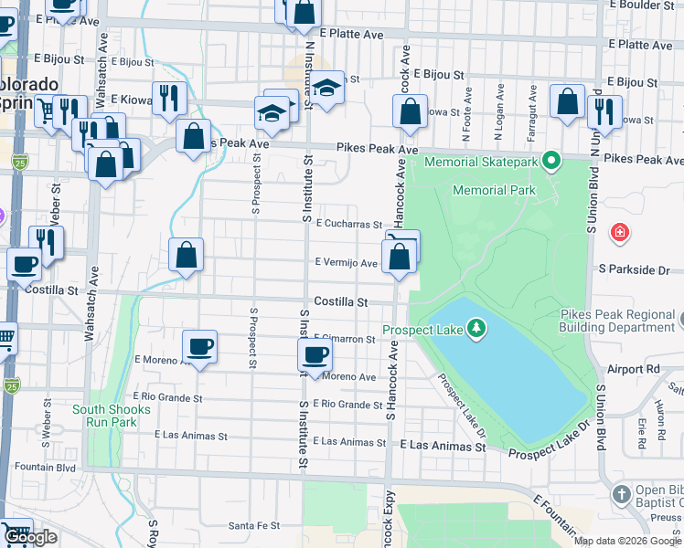 map of restaurants, bars, coffee shops, grocery stores, and more near 933 East Vermijo Avenue in Colorado Springs