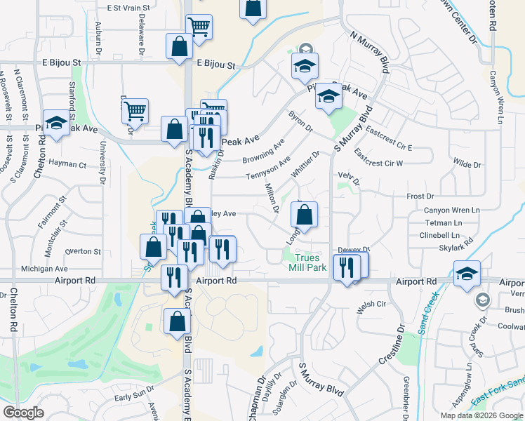 map of restaurants, bars, coffee shops, grocery stores, and more near 206 Milton Drive in Colorado Springs