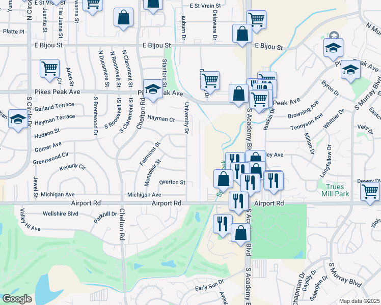 map of restaurants, bars, coffee shops, grocery stores, and more near 134 South Tulane Street in Colorado Springs