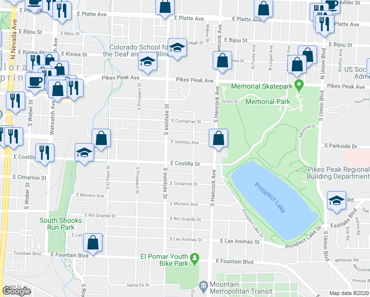 map of restaurants, bars, coffee shops, grocery stores, and more near 933 East Vermijo Avenue in Colorado Springs