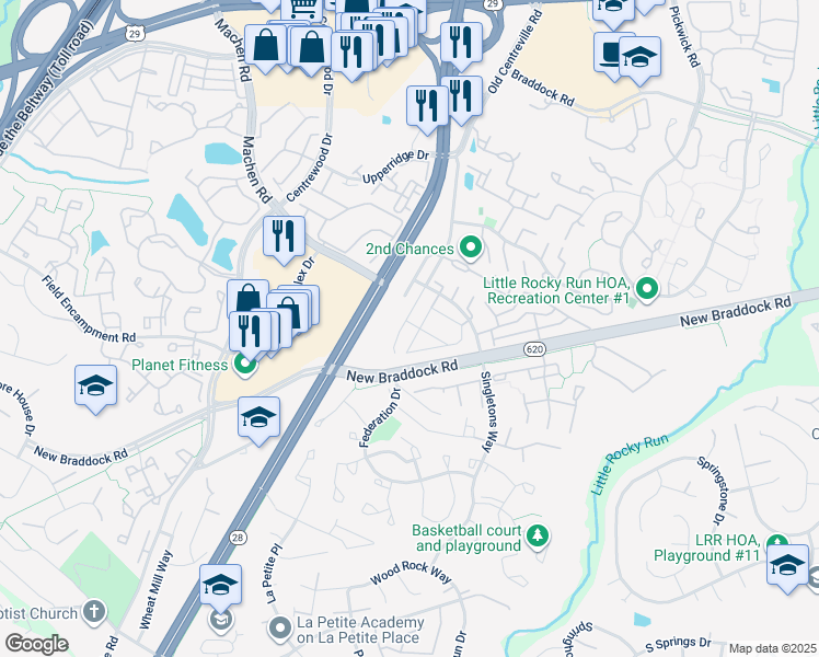 map of restaurants, bars, coffee shops, grocery stores, and more near 6106D Hoskins Hollow Circle in Centreville