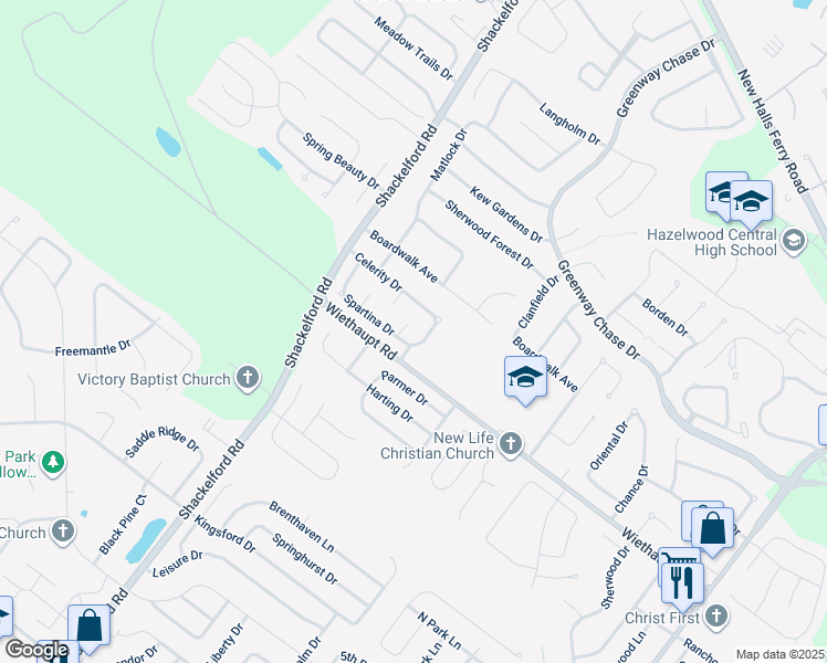 map of restaurants, bars, coffee shops, grocery stores, and more near 2907 Russet Court in Florissant