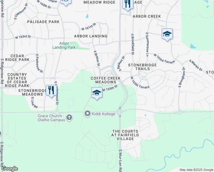 map of restaurants, bars, coffee shops, grocery stores, and more near 16485 South Laurelwood Street in Olathe