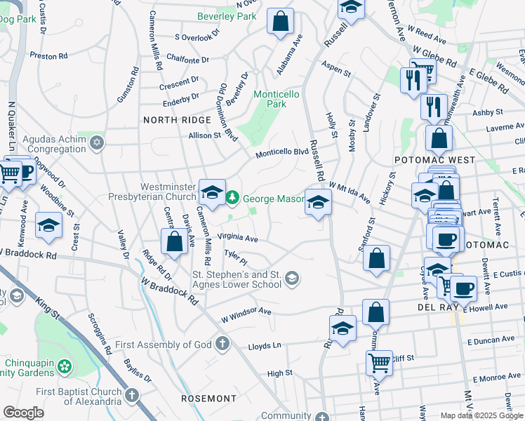 map of restaurants, bars, coffee shops, grocery stores, and more near 323 Mansion Drive in Alexandria