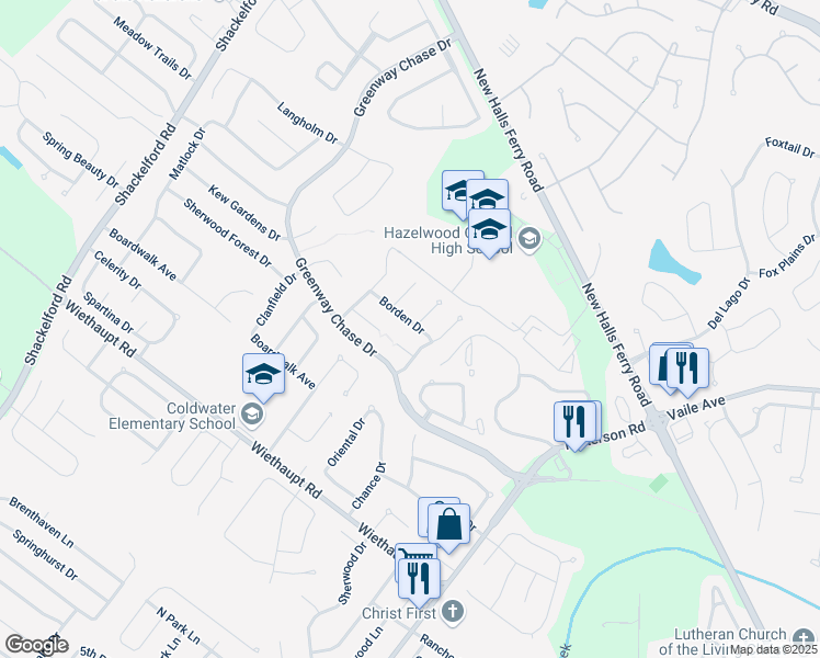 map of restaurants, bars, coffee shops, grocery stores, and more near 1136 Borden Drive in Florissant