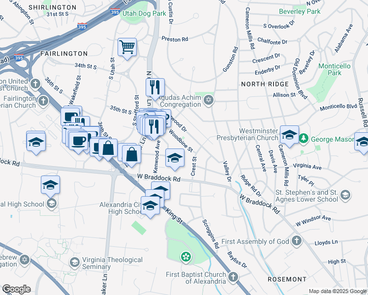 map of restaurants, bars, coffee shops, grocery stores, and more near 1426 Woodbine Street in Alexandria
