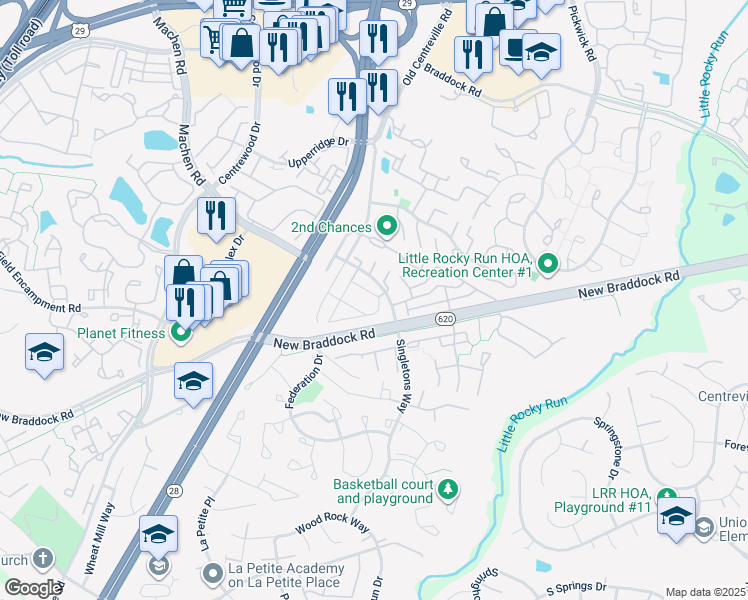 map of restaurants, bars, coffee shops, grocery stores, and more near 14001B Walter Bowie Lane in Centreville