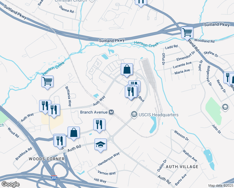 map of restaurants, bars, coffee shops, grocery stores, and more near 4401 Telfair Boulevard in Camp Springs