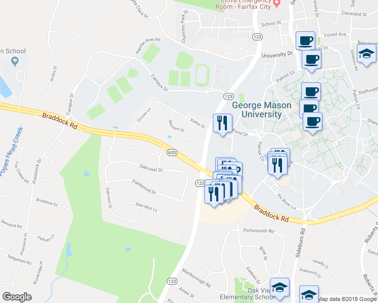map of restaurants, bars, coffee shops, grocery stores, and more near 10716 Braddock Road in Fairfax