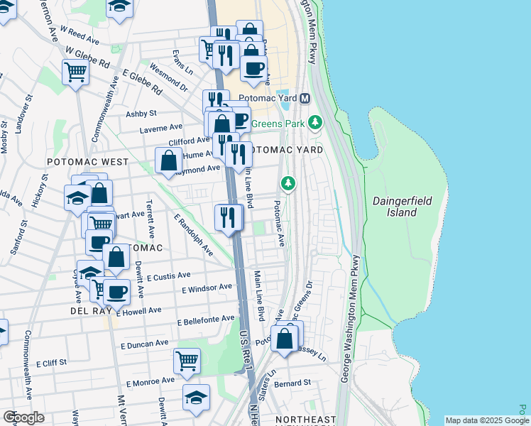 map of restaurants, bars, coffee shops, grocery stores, and more near 721 Watson Street in Alexandria